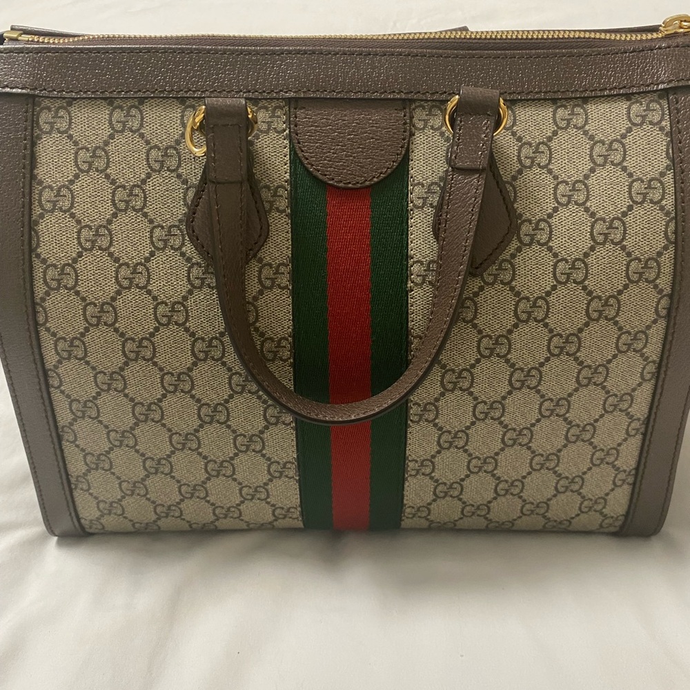 Gucci Beige and Brown Satchel with Green and Red Stripe